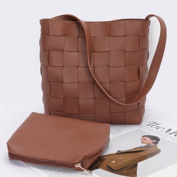 Faux Leather Braided Shoulder Bag W Pouch